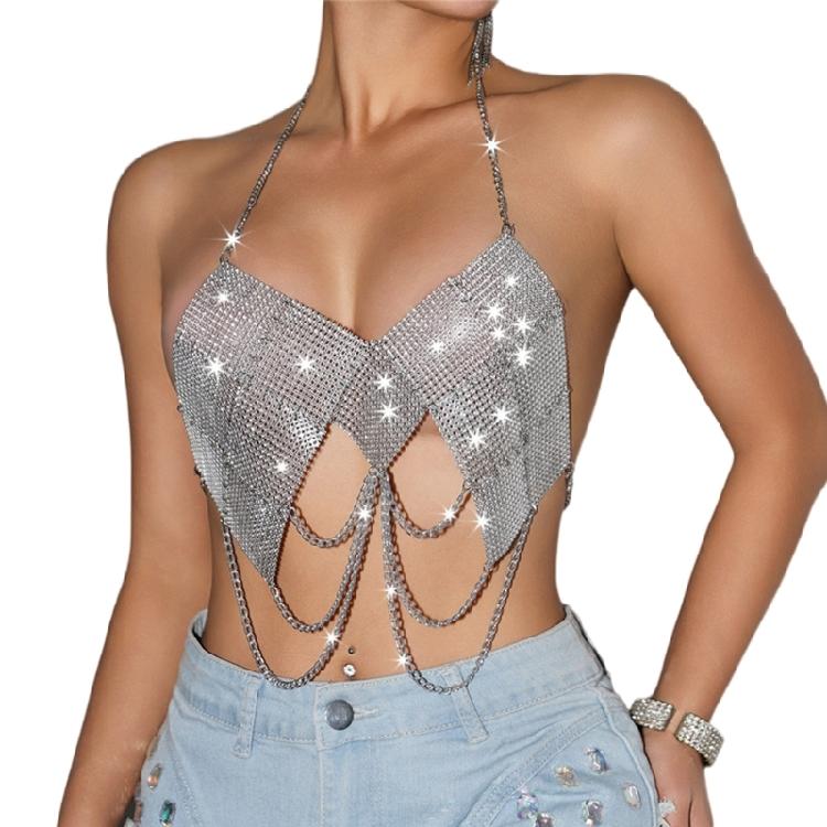 

Women Shines Rhinestones Tank Top Halter Body Chain Fishnet Mesh Bra Crop Top Shirt for Night Club Party Rave Outfits M