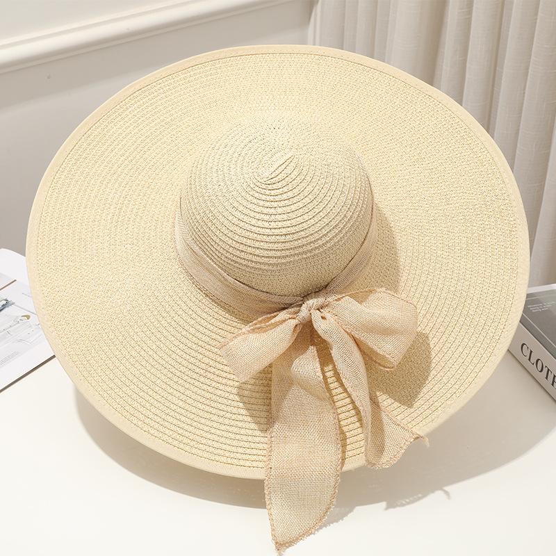 Summer Women Straw Hat Bowknot Wide Brim Floppy Panama Hats Female Outdoor Foldable Beach Sun Cap