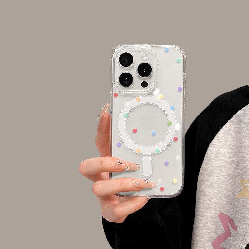 Magnetic iPhone 15 Pro Max Case - Cartoon Design with 16 Colorful Polka Dots