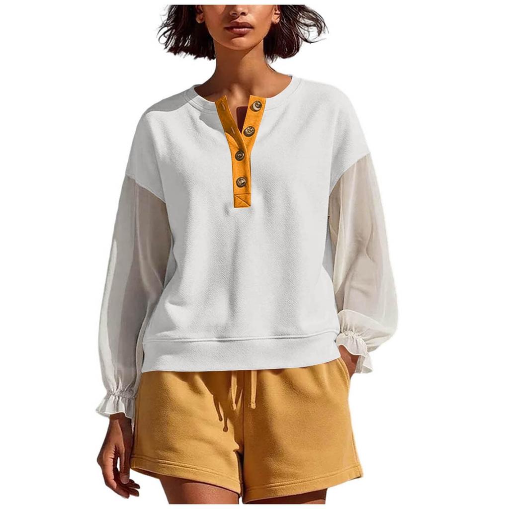 Women's Pullover Sweatshirt with Chiffon Long Sleeves Color Block Design Casual Loose Fit Buttoned Neckline