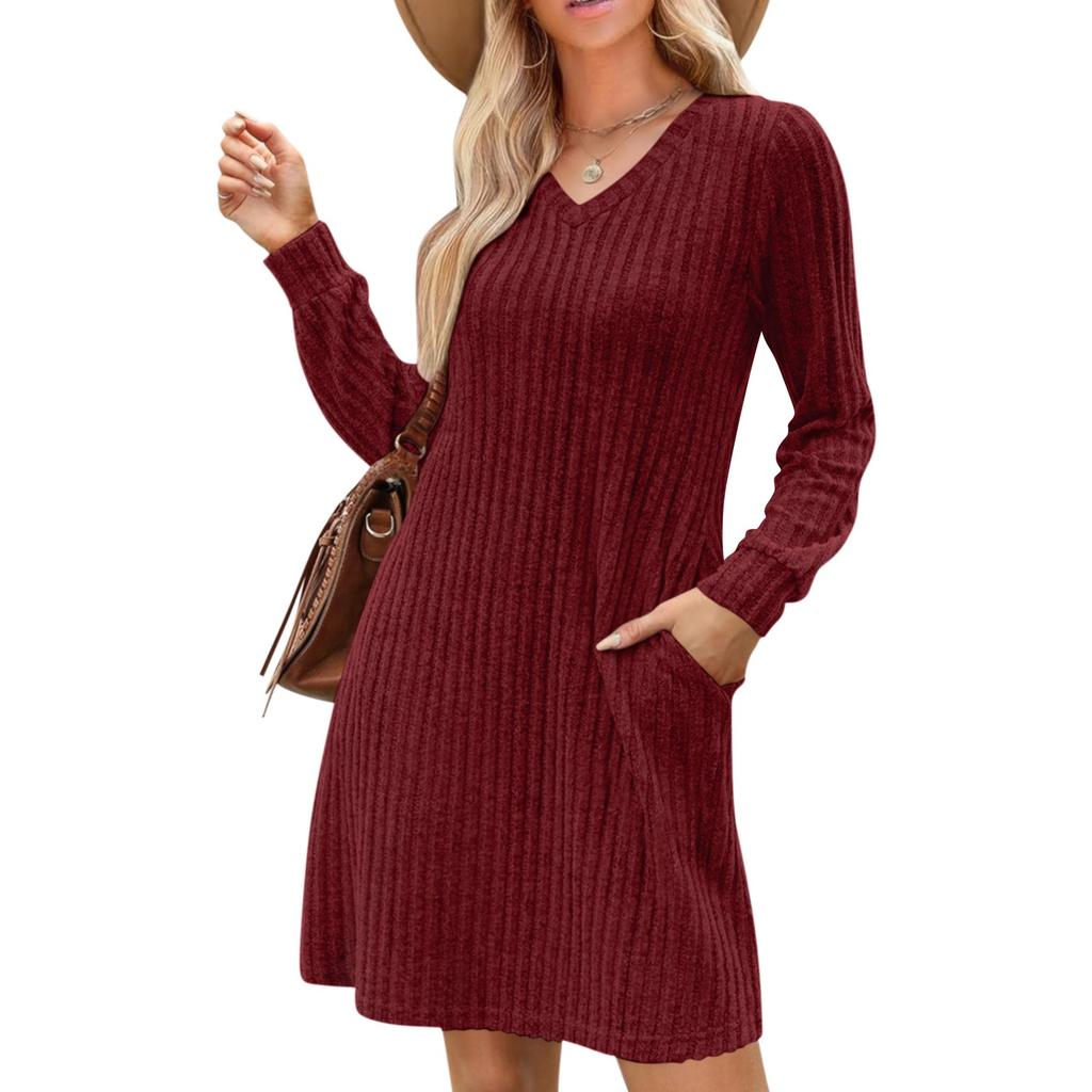 Womens V Neck Fall Dresses Long Sleeve Casual Sweater Short Dress Fashion Clothes