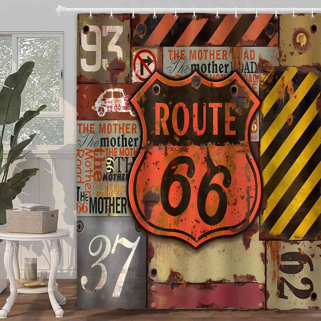 American Road Sign Highway Shower Curtain For Bathroom Decorative Shower Curtain, Retro With 12 Hooks 180X180Cm