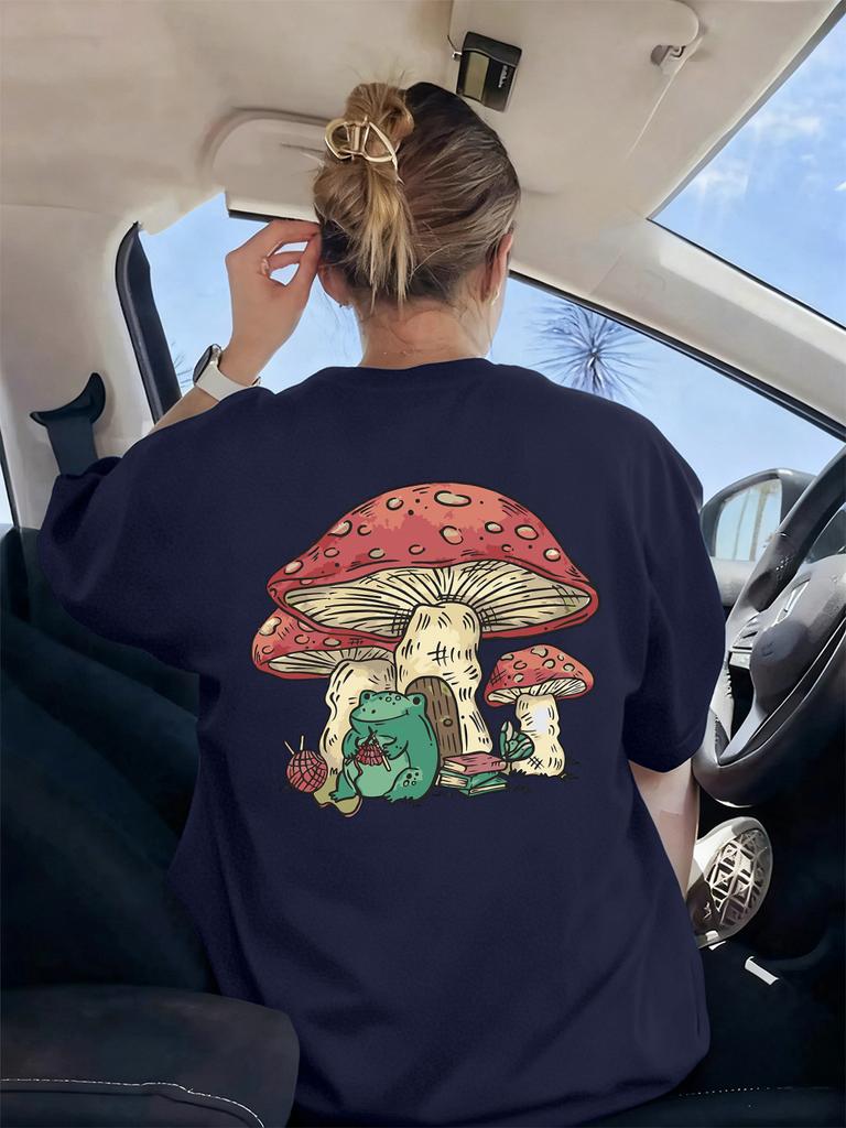 Frog Under Mushroom Printing TShirt Womens Basics Loose T Shirts ONeck Soft Short Sleeve Tops Summer Comfortable Woman Clothes
