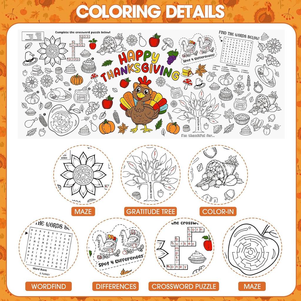 Happy Thanksgiving Coloring Poster-Thanksgiving Coloring Tablecloth for Kids - 72 x 30 Inches, Giant Thanksgivings Paper Table Cloth Cover Crafts