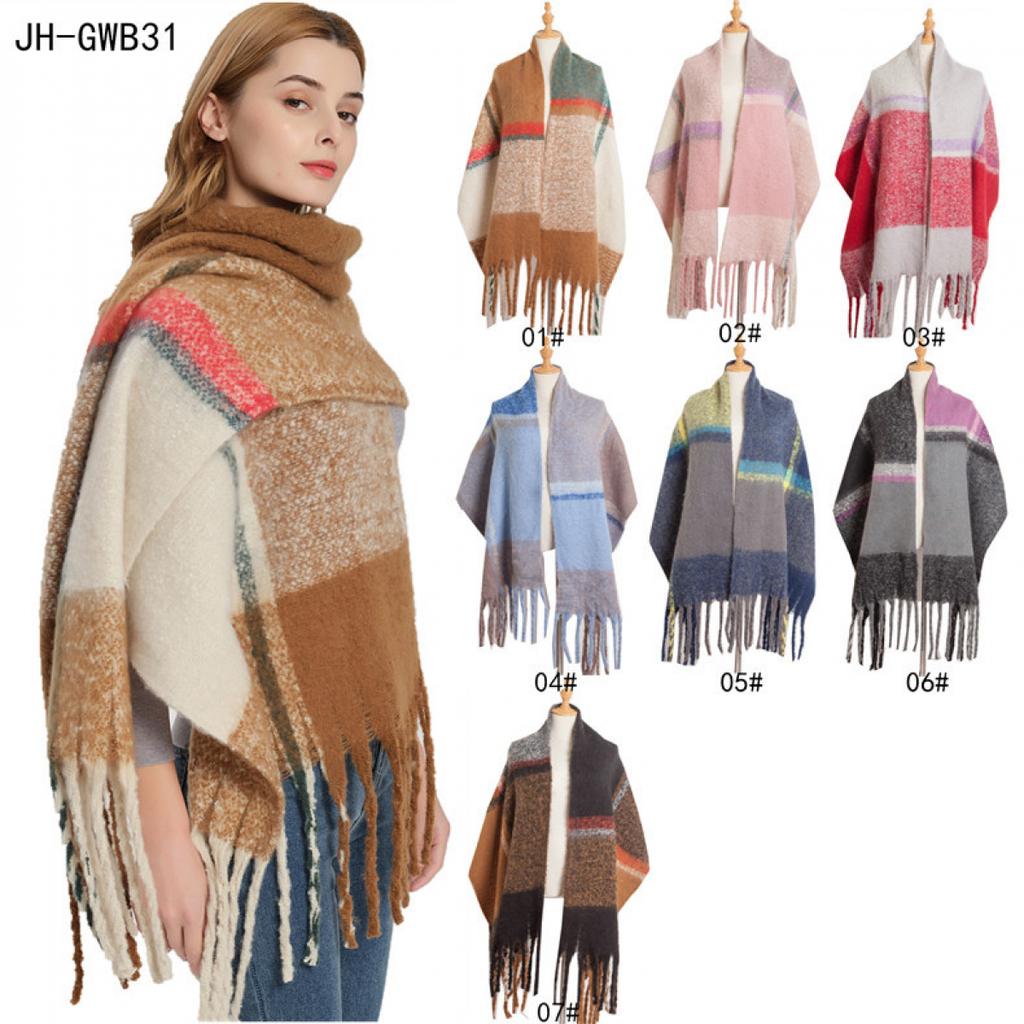Autumn Winter Imitation Mohair Color Block Plaid Thick Fringe Scarf Shawl