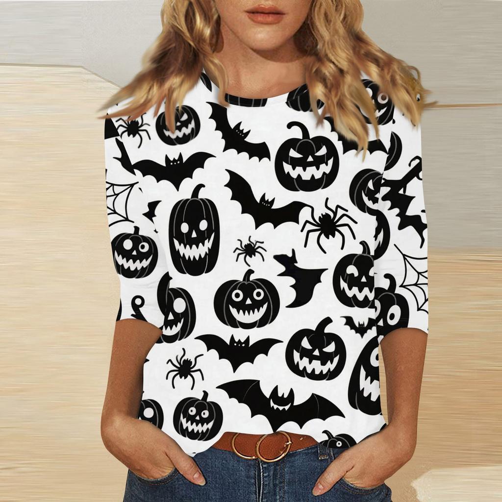 Women's Fashion Casual Three-quarter Sleeve Halloween Printed Round Neck Top