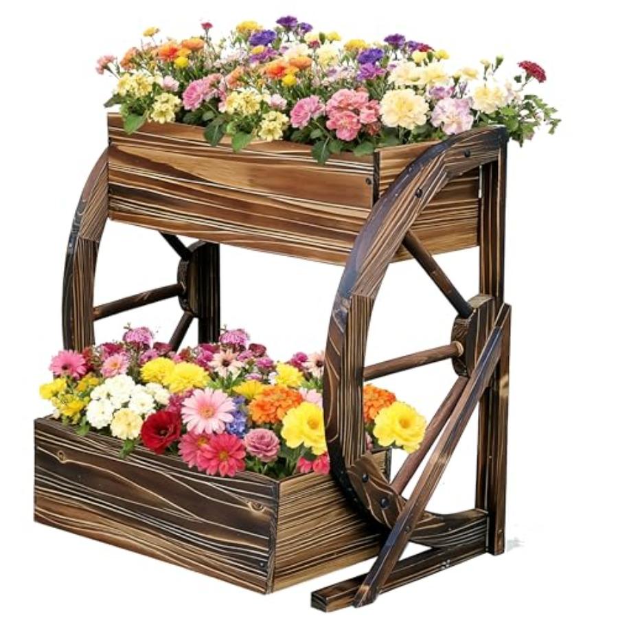 

Wooden Wagon Garden Planter Box with Wheels-Indoor/Outdoor Decor for Patio Backyard Balcony-Country Farmhouse Flower Box-2 Tier United States