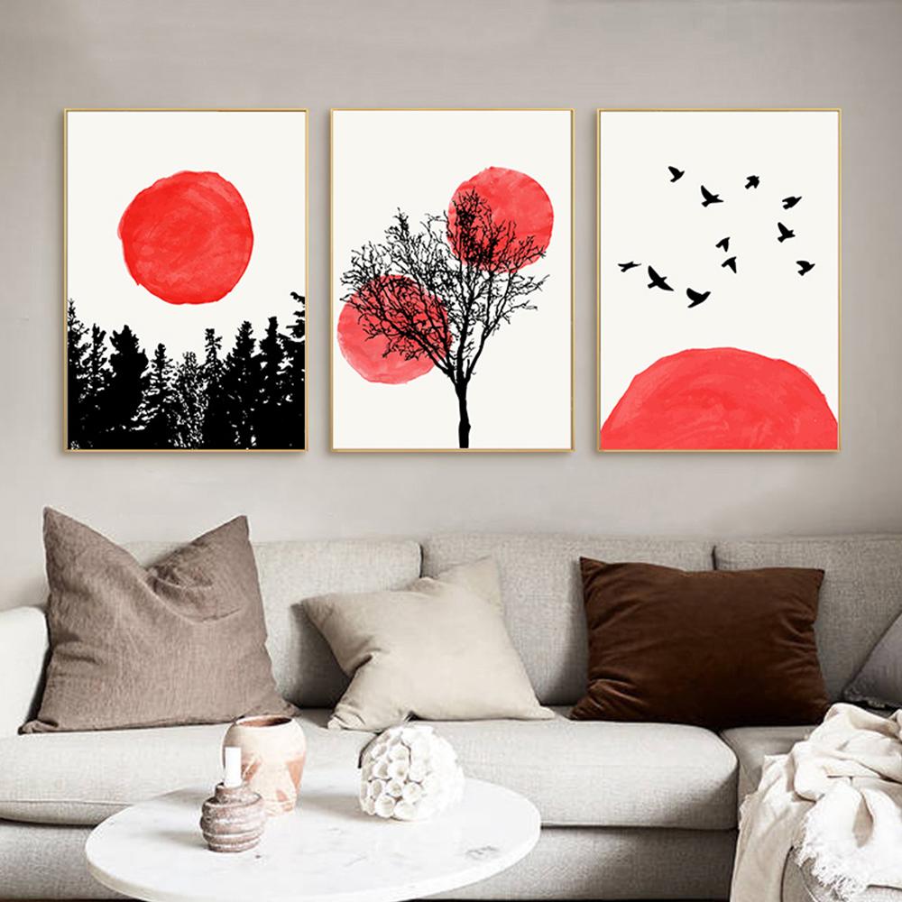 Abstract Red Sun Canvas Art Wall Painting Aesthetic Posters and Prints Nordic Tree Landscape Wall Pictures for Living Room Decor