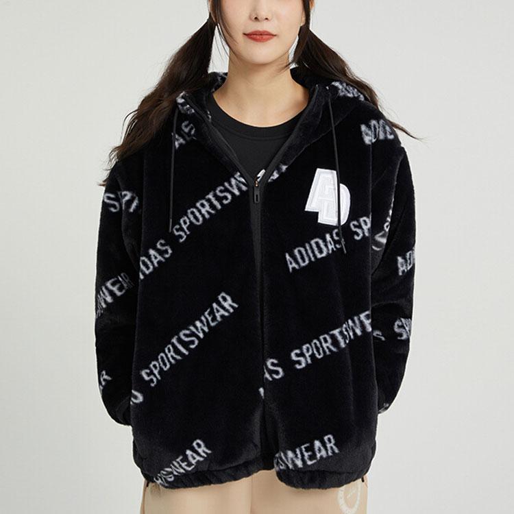 Adidas Letter Print Oversized Hoodie Jacket Women Jacket Black IB2751