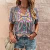 Summer Retro Women's T-Shirt Ethnic Print Short Sleeve Fashion V-Neck Tee Shirt Casual Harajuku T Shirt For Ladies Streetwear