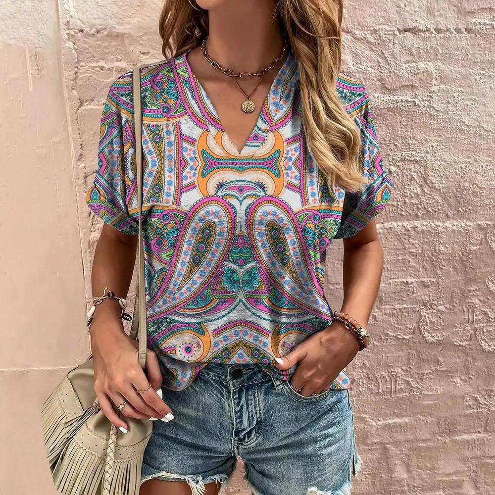 Summer Retro Women's T-Shirt Ethnic Print Short Sleeve Fashion V-Neck Tee Shirt Casual Harajuku T Shirt For Ladies Streetwear