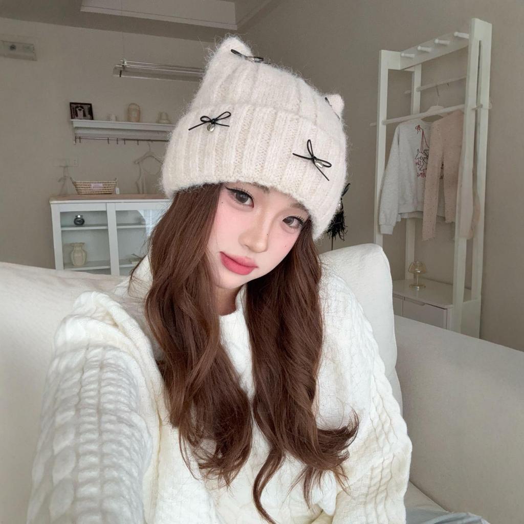 2025 Autumn/Winter Cat Ear Knit Hat - Warm & Versatile with Face-Flattering Bow Design