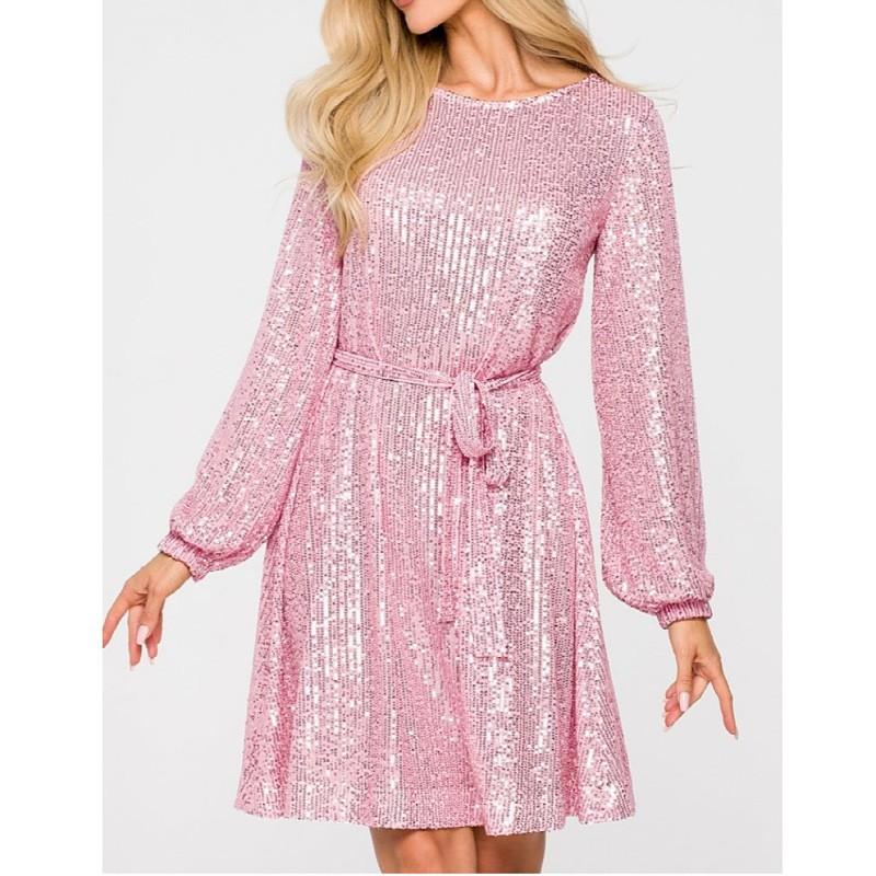 Women Dress Shiny Sequin Round Neck Long Sleeve Lace-up Tight Waist Sparkling Soft Commute Club Party Above Knee Length Mini Dress