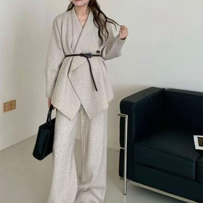 Lazy High-end Large-size Knitted Suit for Women's Autumn and Winter New Large Lapel Sweater Jacket Wide-leg Pants Two-piece Set for Women