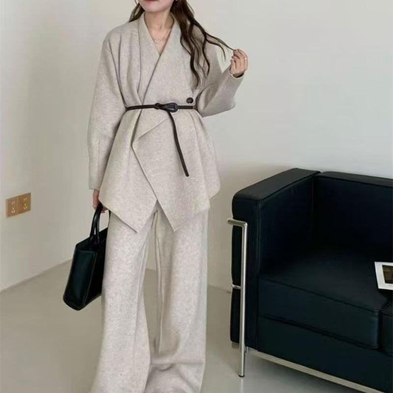 Lazy high-end large-size knitted suit for women's autumn and winter new large lapel sweater jacket wide-leg pants two-piece set for women