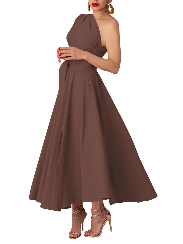 Summer Style Women's Sleeveless One-Shoulder Dress with Cinched Waist and Wide Hem