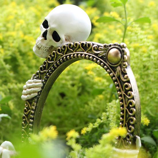 Vintage Skeleton Mirror Frame Statue Gothic Halloween Skull Hold Mirror Figurine Resin Skeleton Sculpture for Shelf Mantel Home Office Decor