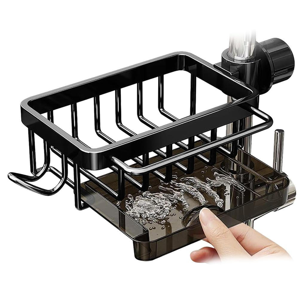 Aluminium Kitchen Sink Faucet Organizer, Adjustable Detachable Dish Sponge Holder, With Drain Basin, Rustproof Storage Rack
