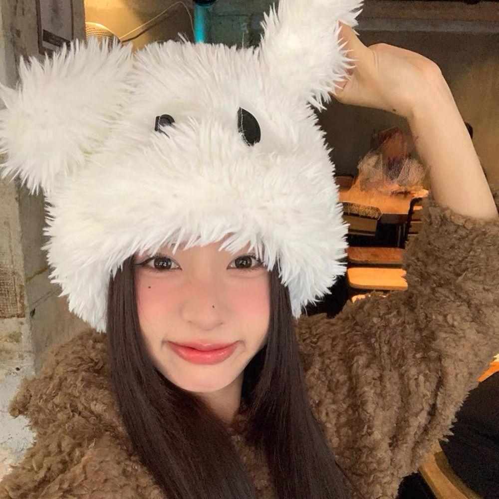 Cute Cartoon Puppy Hat for Women Korean Girl Sweet Big Eyes Plush Cap Winter Warm Outdoor Pullover Hats Fashion Knitted Caps