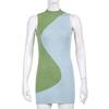Net Trend New Geometric Stitching Color Contrast Slim Package Hip Pencil Skirt Round Neck Sleeveless Skirt Knit Women Dress