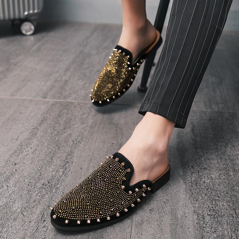 New Men Casual Shoes Designer Rivet Dress Shoes Loafers Fashion Chaussure Homme Cuir Half Slippers Zapatos Hombre Party Flats