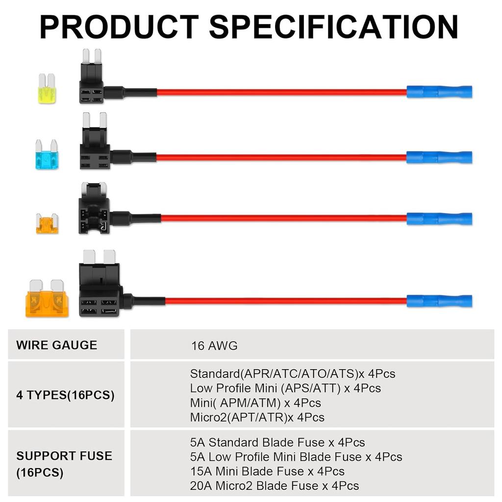 16 Pack 4 Types Fuse Tap, Upgraded 12V Car Add a Circuit Fuse Tap Kit - Standard Mini Micro2 and Low Profile Mini Fuses Taps, ATO ATC ATM APM Fuses
