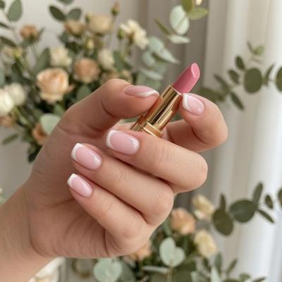 24 Stück Französische Tips Nagelsticker, Vollabdeckung Quadratische Rosa Falsche Nägel, Weißer Rand Glänzende Press-On Nägel für Damen