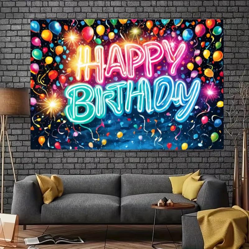 Neon Happy Birthday Background Glow Balloon Splashed Birthday Party Banner Fabric Colorful Home Photography Party Decorations