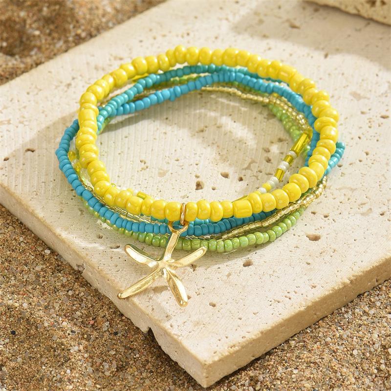 Colorful Starfish Pendant Rice Beads Beaded Anklet for Women Summer Fashion Multi-layer Bracelet Anklet Bohemian Leg Jewelry