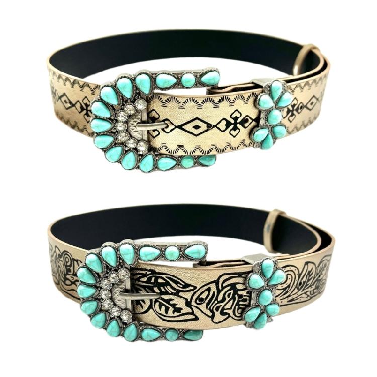 Bohemian PU Belt for Girl Women Embossing Waistband Turquoises Buckle Cowgirls Belt