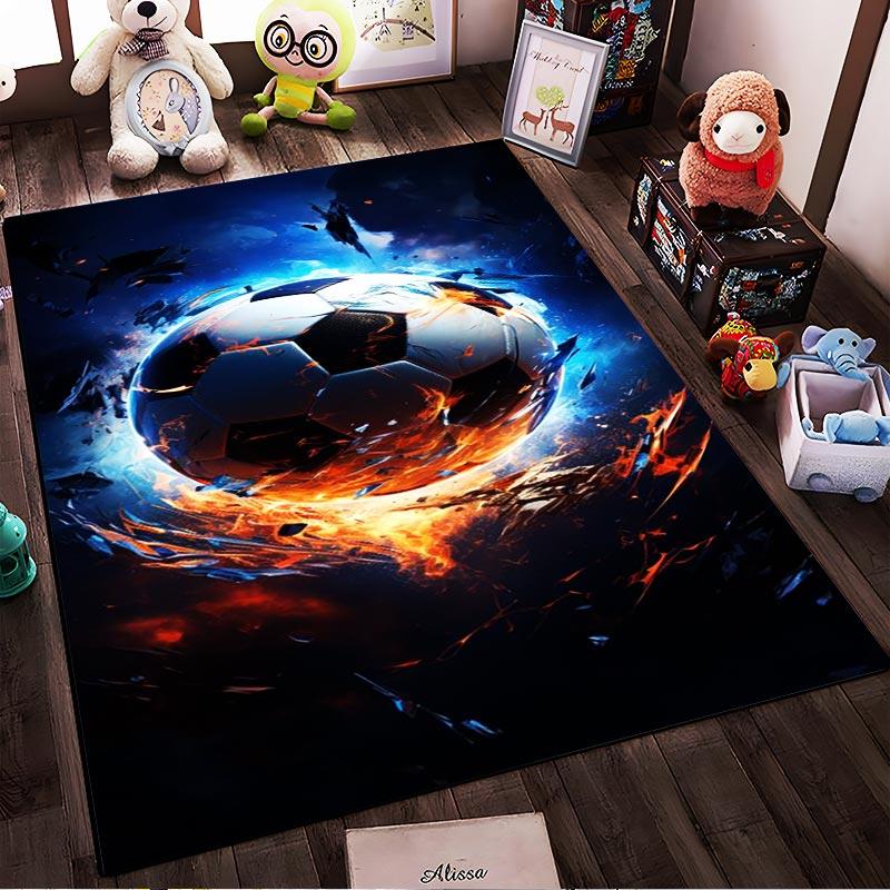 Fiery Soccer Ball Design Rug for Living Room – Dynamic Blue and Orange Style Suitable for Use As an Anti-slip for Living Room Bedroom Sofas