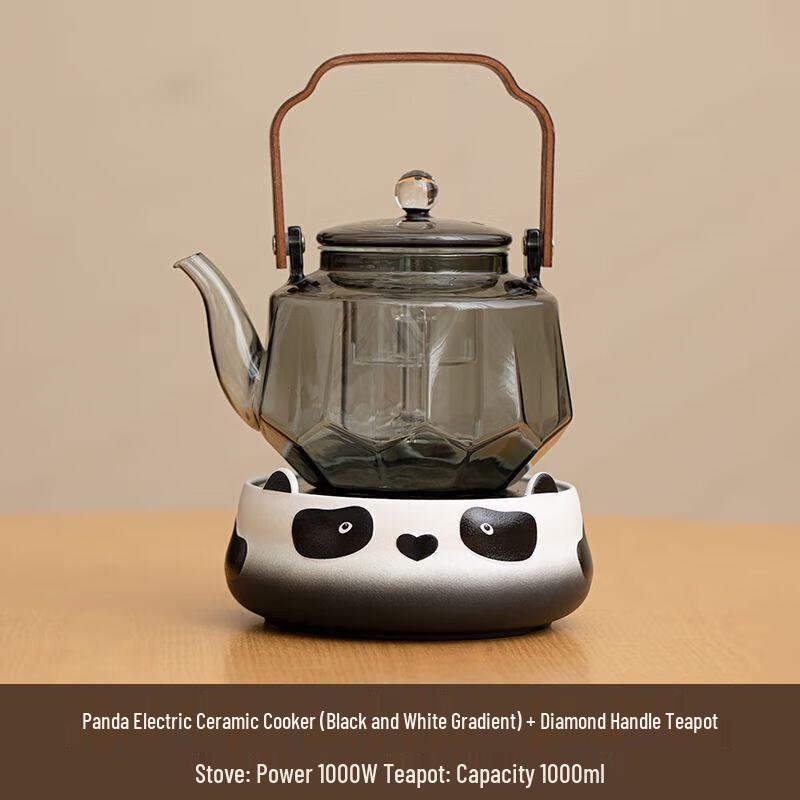Керамический электрический чайник-плитка и стеклянный чайник в наборе «Панда»