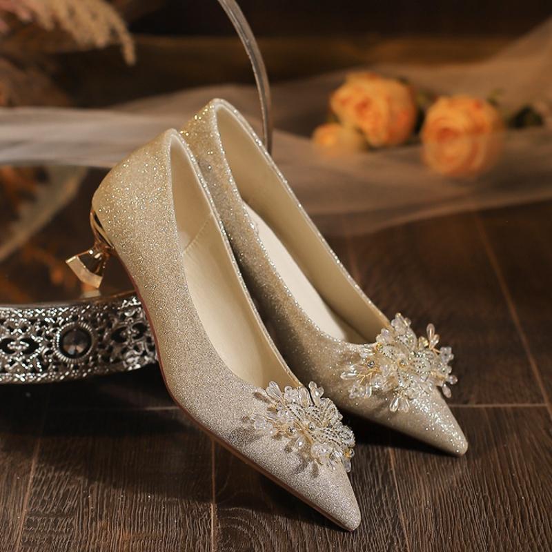 2026  Leisure Classic Pumps Female Slip on Thin High Heels Pointed Toe Wedding Shoes for Women Flower Crystal Bling Summer Shoes