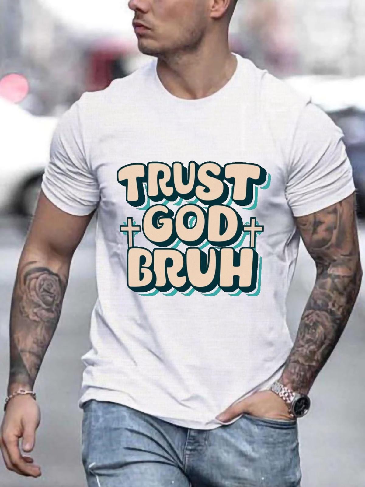 Plus Size Men s Trust God Bruh Print T-shirt Slim Fit Short Sleeve S разноцветный