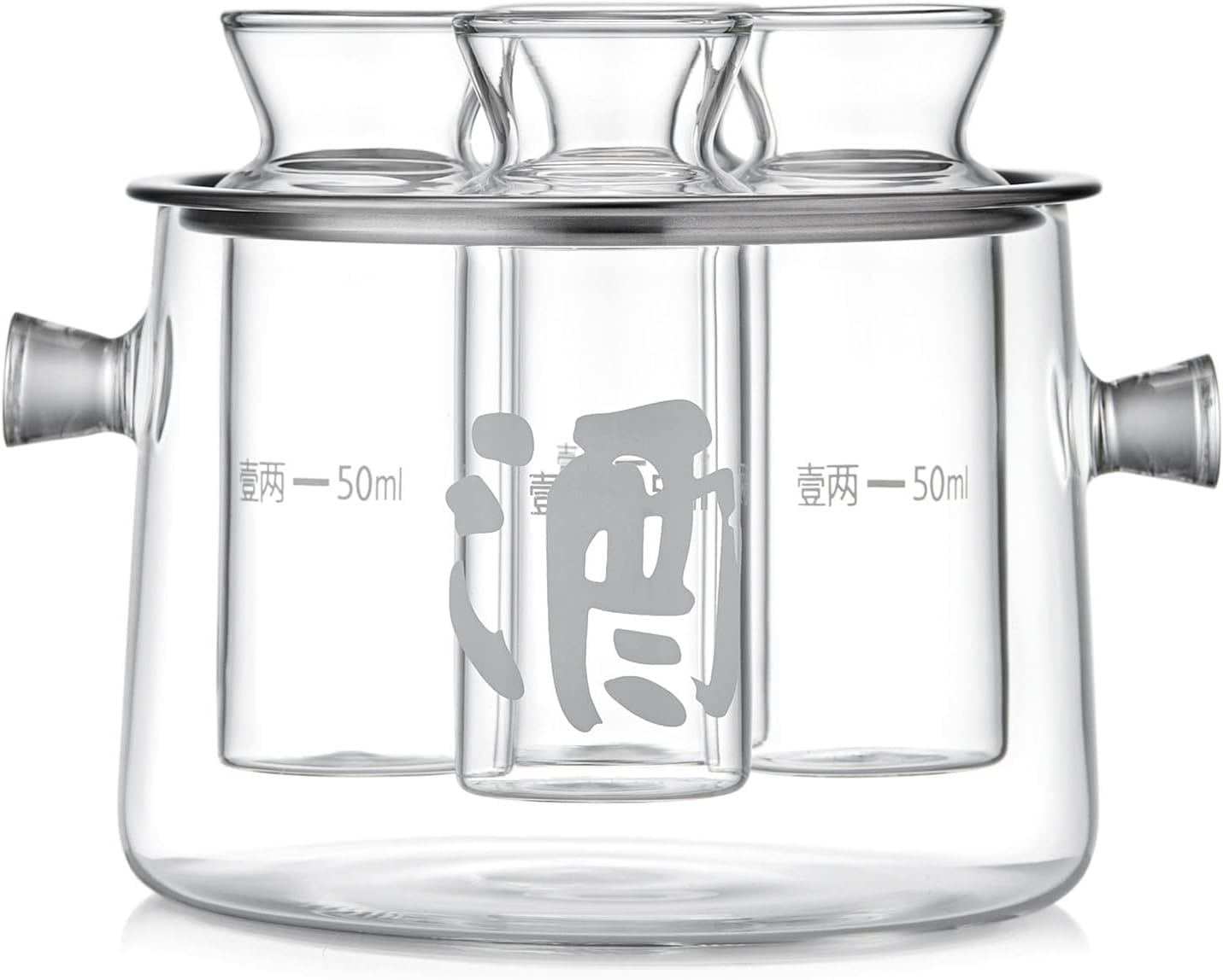 POKALOTEA Sake Warmer Set - Heat-Resistant Glass, 170°C Temperature Difference Resistant, Water Bath Type Sake Warmer, Sake Set with Four Measuring Ma