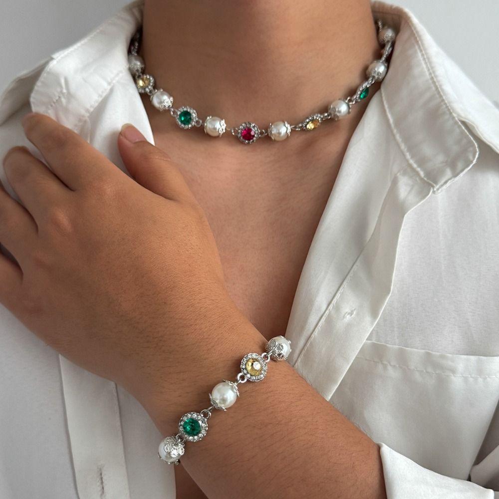 Silver Rhinestone Collar Chain Golden Clavicle Chain Unique Imitation Pearl Beads Necklace  Women