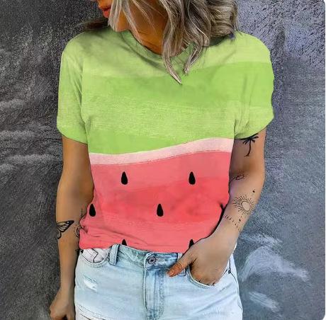 Summer new fashion trend short-sleeved top high quality fruit print breathable T-shirt simple casual loose round