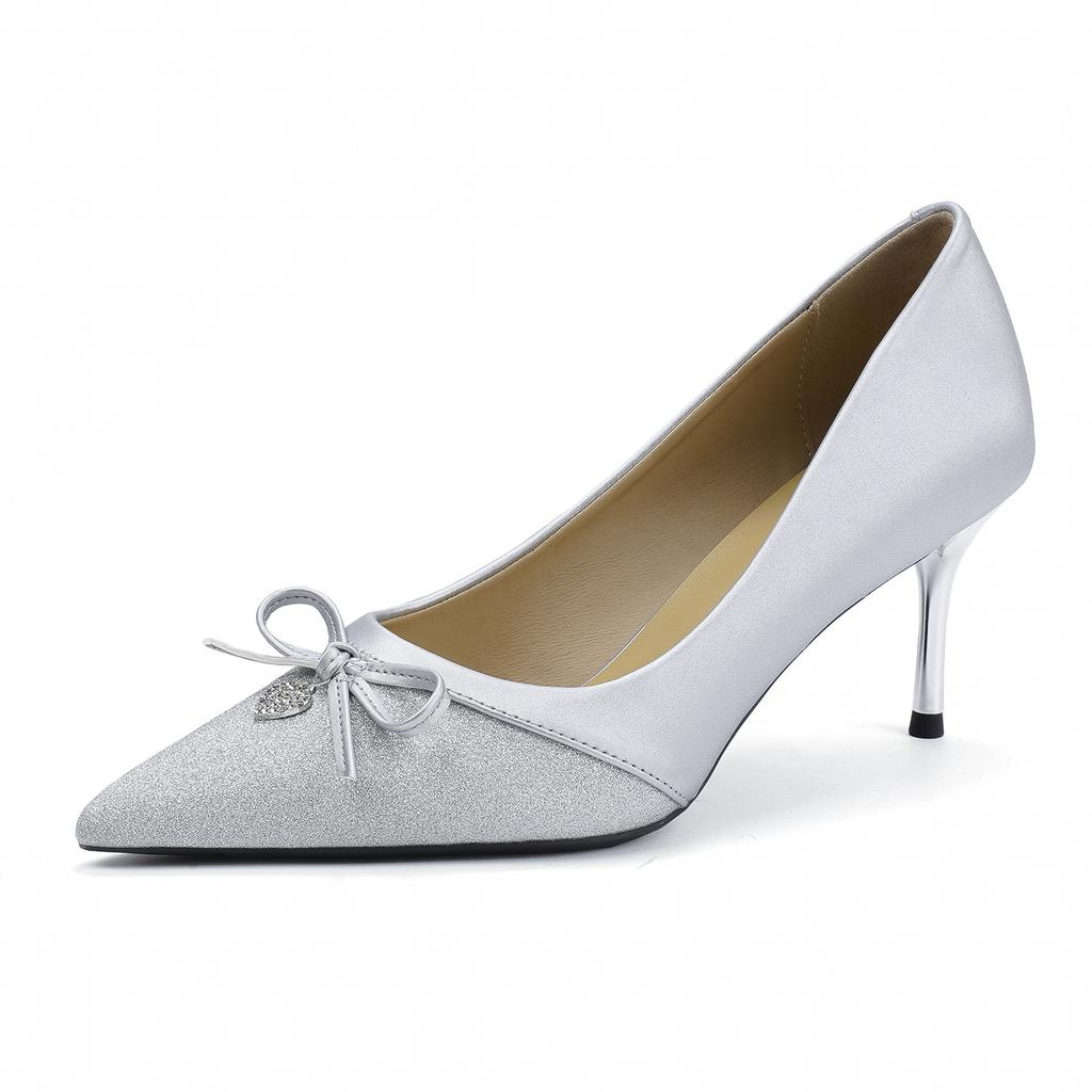 78822 [sheepskin] silver high heels women's stiletto 2025 new pointed French light mouth bow single shoes