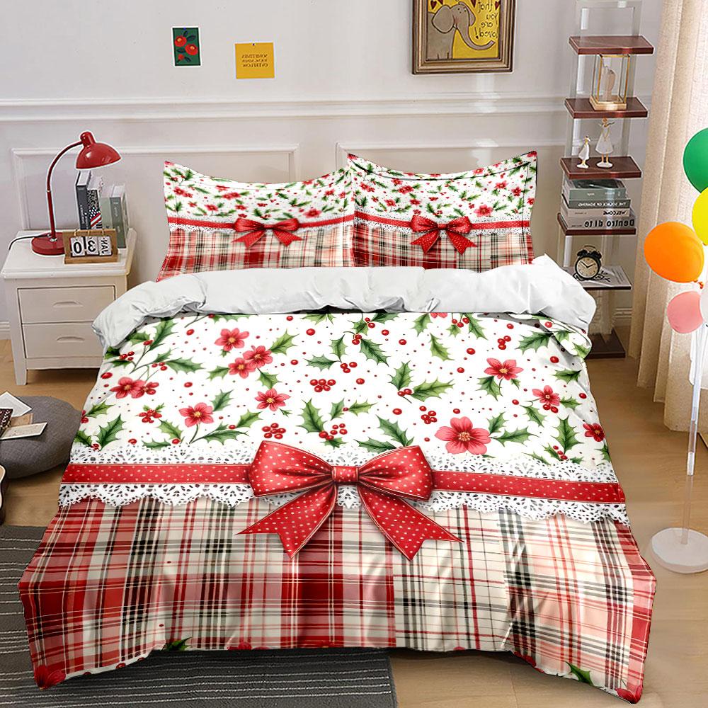 Christmas Plaid Floral Design Bedding Duvet Cover Set Duvet Cover Pillowcases (1*Duvet Cover 2*Pillowcases, without duvet insert)