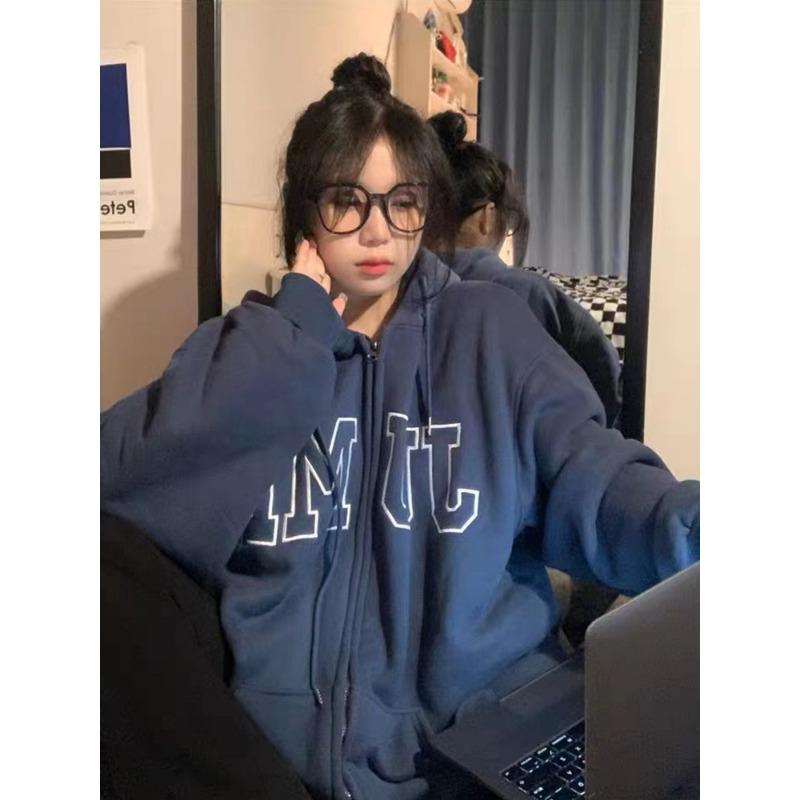

Утолщенная толстовка с капюшоном из бархата с вышитыми надписями, кардиган с капюшоном на молнии, свободная повседневная толстовка с капюшоном для женщин One Size темно-синий