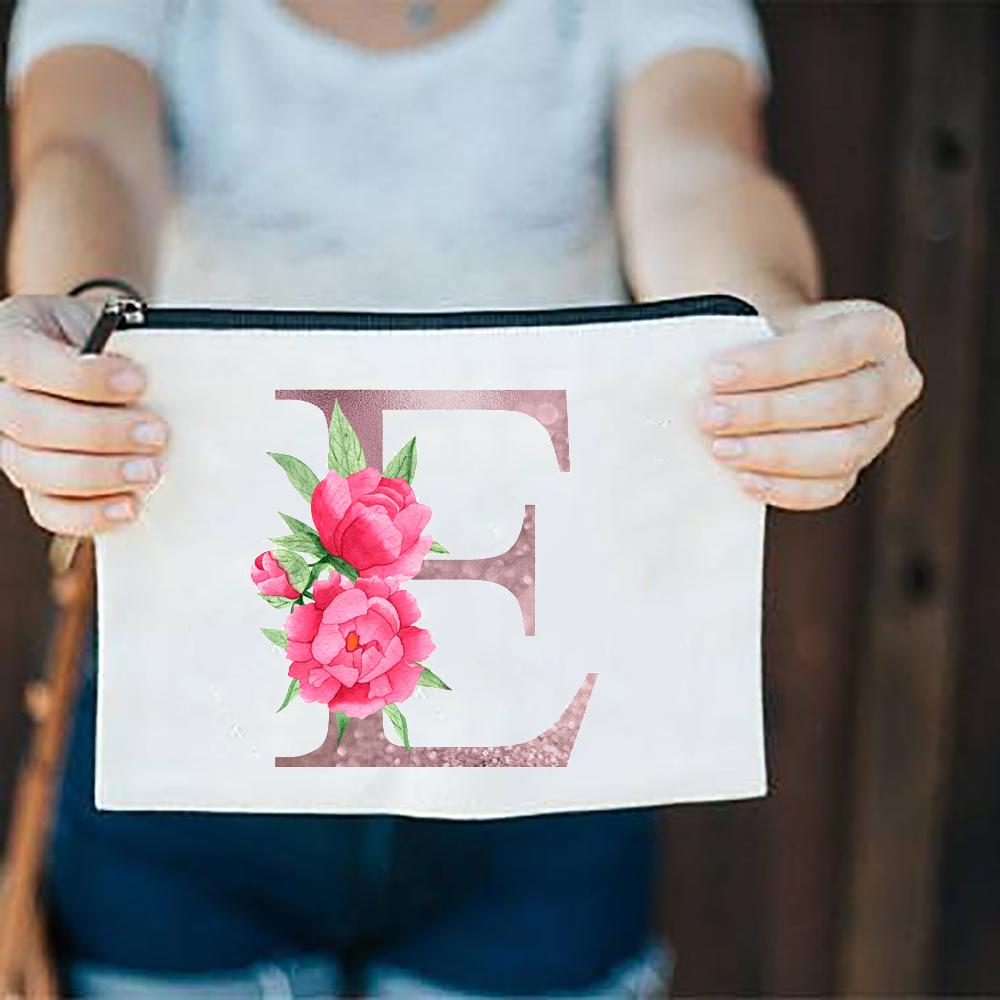 Pink Flowers Alphabet A-Z White Canvas Makeup Bags Zipper Cosmetic Pouch Ladies Casual Fashion Storage Organizer Make Up Bag