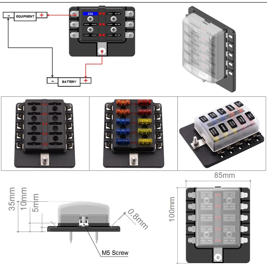PC Klemmenblock Typ, 1 Eingang 10 Ausgänge Sicherungskästen für Autos, Wohnmobile und Schiffe, mit LED-Leuchten, 12-32V