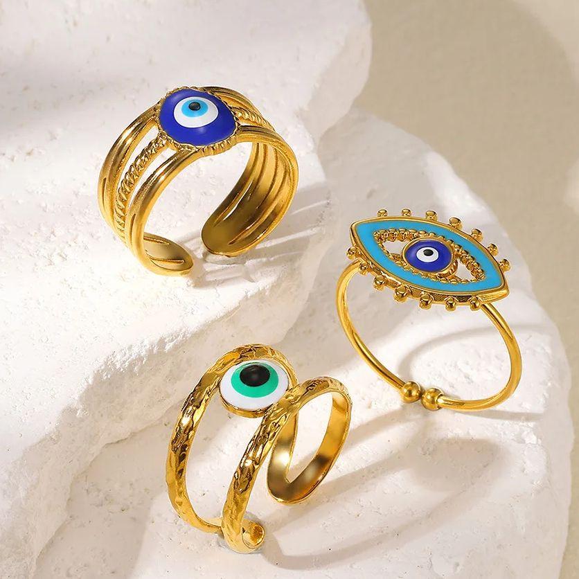 Vintage Evil Eye Rings For Women Gold Color Opening Stainless Steel Oil-Dropping Evil Eye Ring Lucky Aesthetic Turkish Jewelry