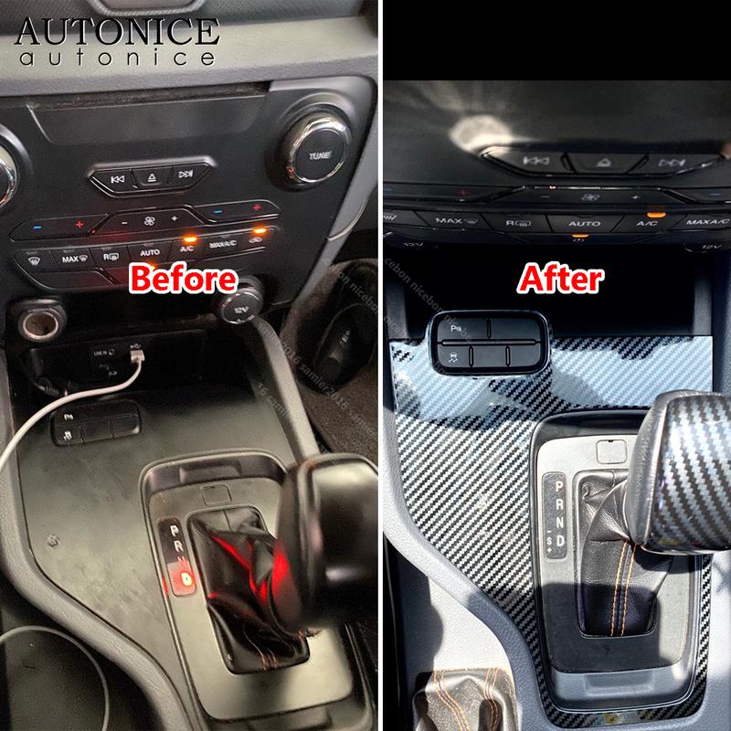 Carbon Fiber Color Stainless Button Gear Panel Cover Trim Fit for Ford Ranger 2015 2016 2017 2018   LHD Low Version