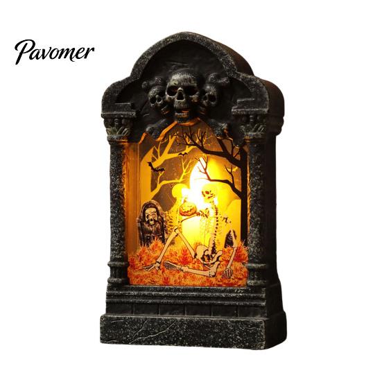 Horror Theme Party Decor Tombstone Candle Lantern, LED Lighted Spooky Graveyard Table Lamp, Halloween Pumpkin Bag Fillers Small Night Light