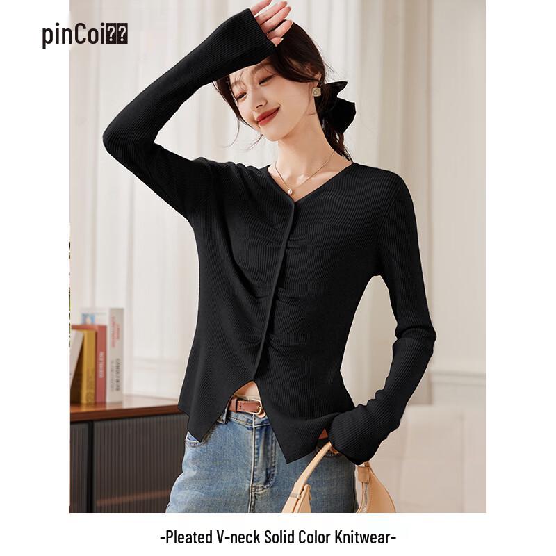 

Women s V-Neck Long Sleeve Knit Top with Pleated Split Hem One Size M