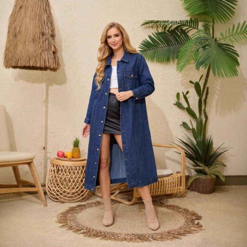 Womens Dark Blue Vintage Slim Fit Long Denim Jacket Coat 2025