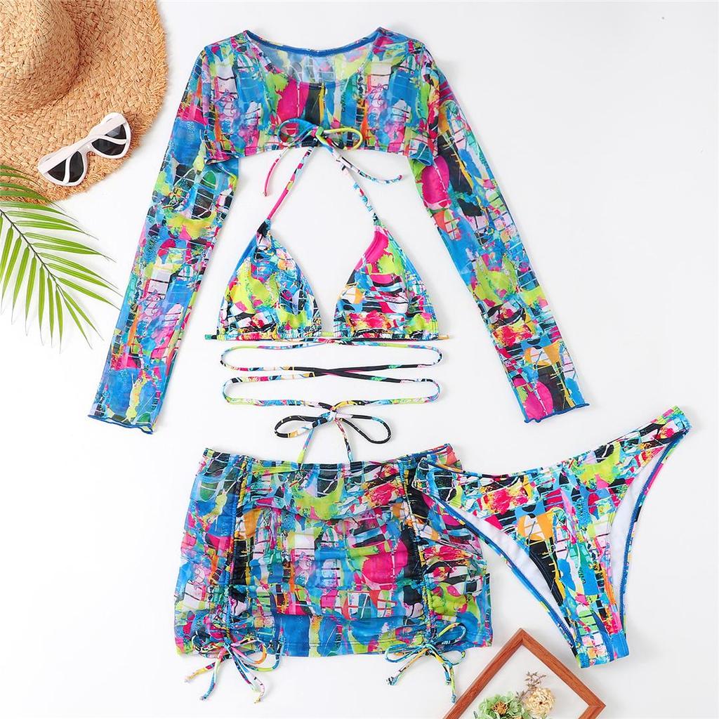 Neue Mit Rock Langarm Gedruckt Halter Bikini Frauen Bademode Weiblichen Badeanzug Vier-stück Bikini set Badende Badeanzug