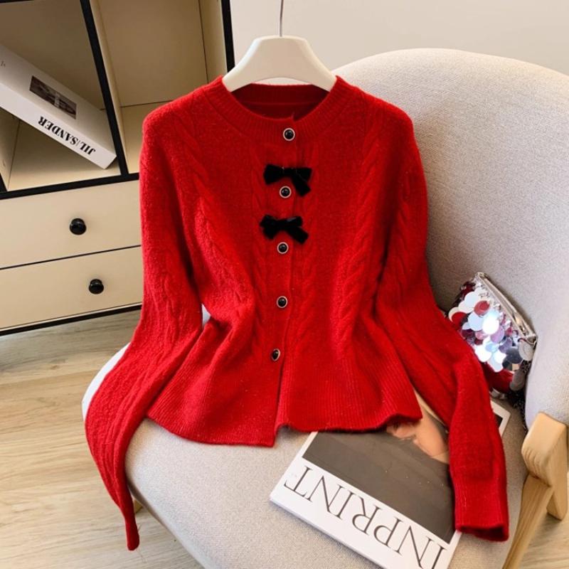 Autumn Winter New Arrival Solid Color Knitted Cardigan Women Bowknot Temperament Outerwear Twist Pattern Sweater Coat