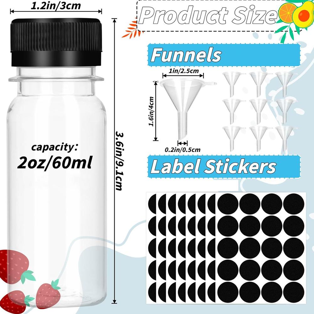 2 oz kleine Plastik-Saftflaschen mit Kappen, Mini-Behälter für Ingwershots mit manipulationssicheren Deckeln, wiederverwendbare Reiseflaschen